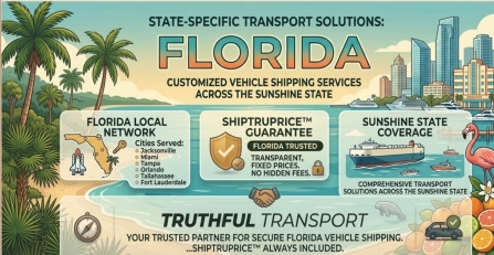 Truthful Transport regional state-specific transport solutions banner for Florida, highlighting customized vehicle shipping services, the ShipTruPrice guarantee, a local delivery network serving Jacksonville, Miami, Tampa, Orlando, Tallahassee, and Fort L