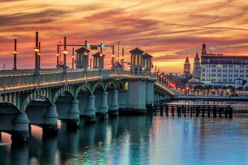 Truthful Transport regional auto shipping services crossing the historic Bridge of Lions in St. Augustine, Florida, connecting local coastal car shipping routes.